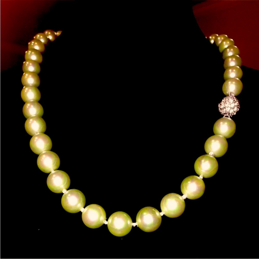 Mint Green Pearl Necklace with Pave Diamond Bead